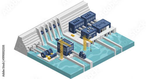Isometric Hydroelectric Power Plant Generating Clean Energy.