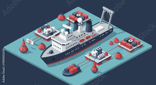 Isometric Icebreaker Ship with Research Equipment on Water Surface.
