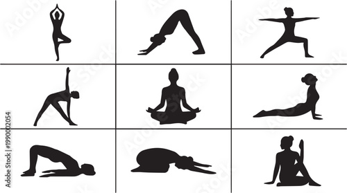 Yoga poses in various positions.