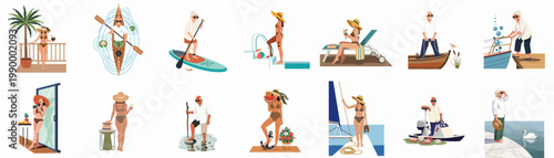 Collection of Flat Vector Illustrations Featuring Seniors and Adults Enjoying Various Summer Vacation and Leisure Activities Near the Water