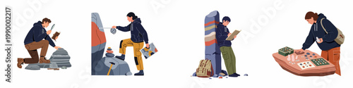Flat vector illustration set of geologists and earth scientists studying rocks, fossils, minerals, and geological formations in the field.