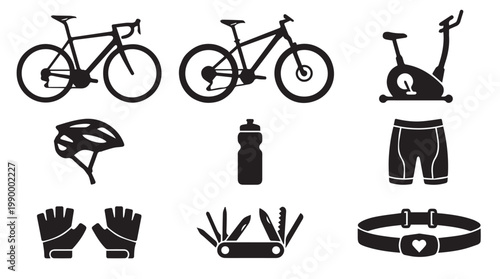 Bicycle and cycling accessories icons.