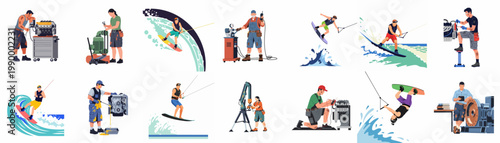 Flat Illustration Collection of Industrial Mechanics Repairing Engines and People Enjoying Water Sports Like Surfing and Wakeboarding