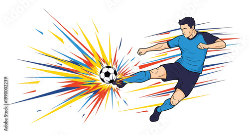 Soccer player kicking ball, dynamic sports action, colorful illustration, football kick vector