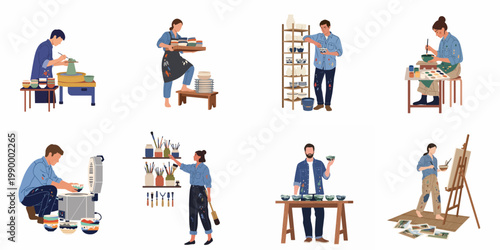 Set of diverse artists and potters working in a studio, creating ceramic bowls, painting on canvas, and using tools like a kiln and wheel.