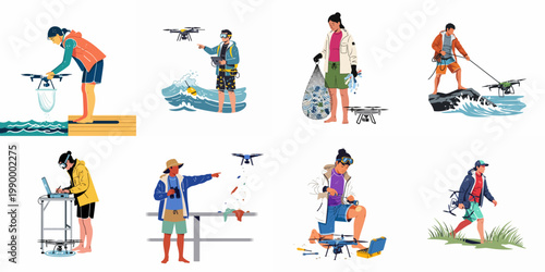 Illustrations of people using drone technology for ocean conservation, environmental monitoring, research, and coastline cleaning tasks.