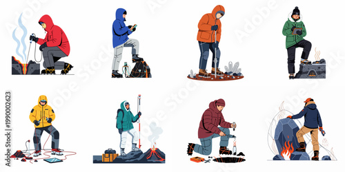 Set of professional volcanologists and geologists conducting scientific research, measuring volcanic activity, and collecting mineral samples in extreme geothermal environments.