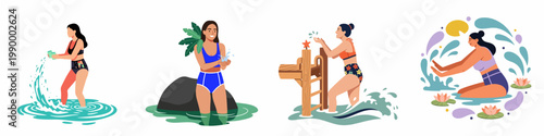 Set of four flat illustrations featuring young women in swimwear enjoying summer water activities, including splashing, swimming, and relaxing in nature.