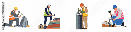 Set of professional geologists and miners in safety gear examining rocks and minerals with hammers, pickaxes, and magnifying glasses in flat illustration style.
