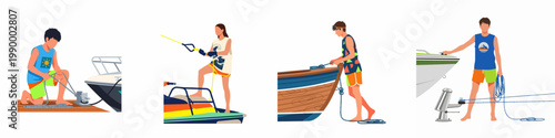 Photography Set of flat vector illustrations depicting people mooring boats and jet skis, handling ropes at the dock and on watercraft