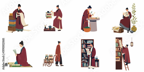 Flat Vector Illustration Collection of Ancient Chinese Scholars and Librarians in Traditional Clothing Reading Scrolls, Studying, and Performing Tea Ceremonies.