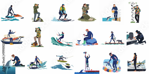 Collection of flat vector illustrations depicting various water sports, marine research, and wildlife observation activities with people in diverse settings.