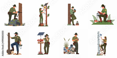 Collection of flat vector illustrations featuring park rangers using technology like cameras and solar panels for wildlife monitoring and forest management.