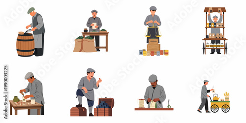 A collection of cartoon illustrations depicting various traditional tea trade activities, including weighing, sorting, packaging, and selling loose tea and tea bricks.