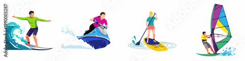 Set of flat vector illustrations of people enjoying water sports: surfing, jet skiing, stand-up paddleboarding, and windsurfing isolated on a white background.