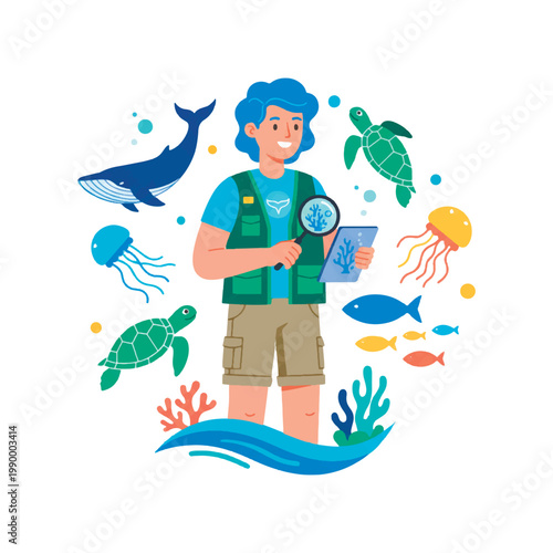 Male marine biologist with a magnifying glass and tablet, researching sea life like a whale, turtle, and coral. Dynamic vector illustration of underwater exploration in a flat style.