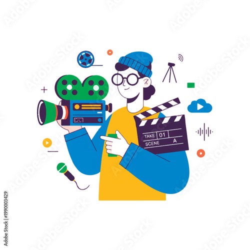 Flat vector illustration of a videographer holding camera and clapperboard, filming content. Creative media production, video making, blogging, cinema concept with modern icons, isolated design.