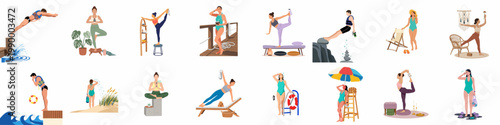 Collection of flat-style illustrations depicting people engaged in summer activities, yoga, wellness, swimming, and beach relaxation for a healthy lifestyle.