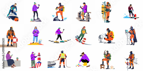 Collection of flat illustrations depicting diverse people in coastal activities, water sports, scuba diving, and professional marine search and rescue operations.