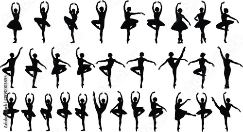 Ballet dancer silhouettes set with graceful poses, classical dance positions and elegant movements isolated on white background for performance and art design