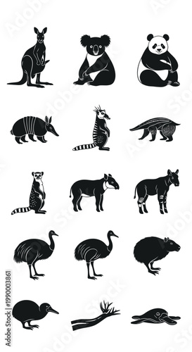 Black silhouettes of various wild animals.