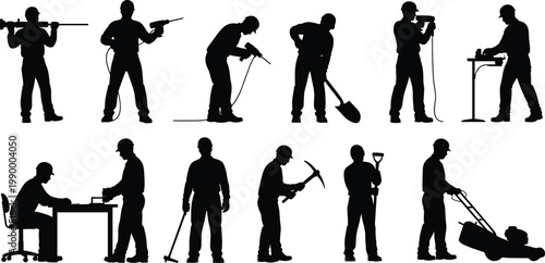 Construction workers silhouettes collection with tools and equipment, black labor vector set showing builder, technician, and industrial work activities