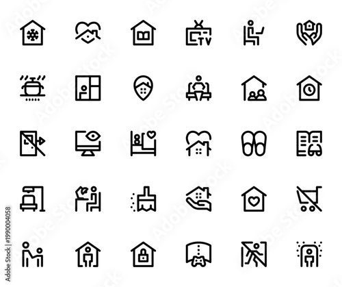 Stay at home icon set. Vector illustration of quarantine, online learning, working, cooking, family time, reading, cleaning and more. Editable thin line icons.