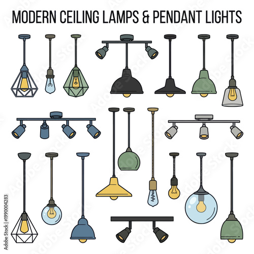 Collection of modern ceiling lamps and pendant lights in various styles and colors, displayed against a clean white background.
