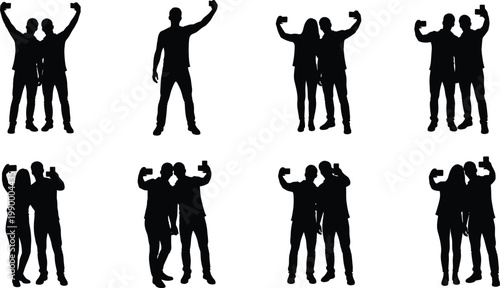 Tableau sur toile Friends taking selfie silhouettes with smartphone, group of people posing togeth