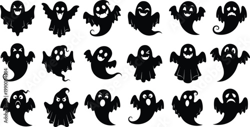 Halloween ghost silhouettes vector set spooky cute and scary spirit characters collection isolated black design for decoration and illustration