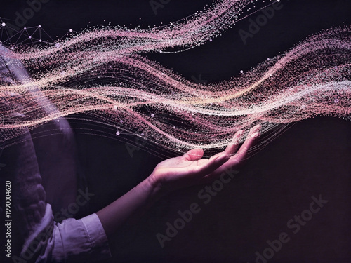 Human Hand Interacting with Abstract Digital Network and Arrows