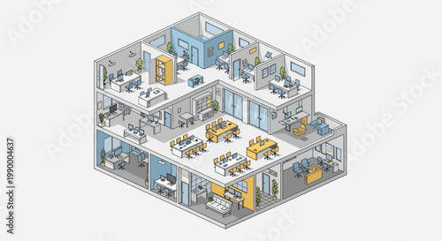 Modern Office Building Interior Isometric View Showing Workspaces Meeting Rooms and Offices.