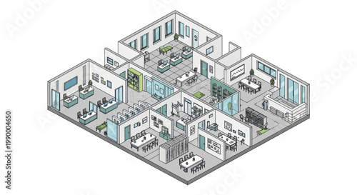 Modern Office Floor Plan Isometric View with Meeting Rooms and Workspaces.