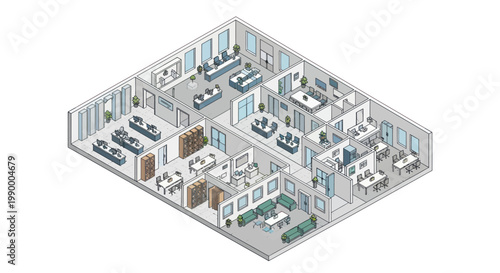 Modern Office Interior Isometric View with Multiple Workspaces and Meeting Rooms.