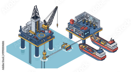 Offshore oil rig and processing platform with tankers.