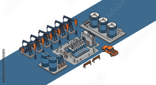 Oil extraction and processing industrial complex with pump jacks and storage tanks.
