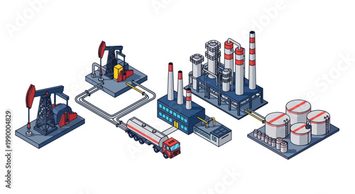 Oil extraction processing and storage industrial complex illustration.