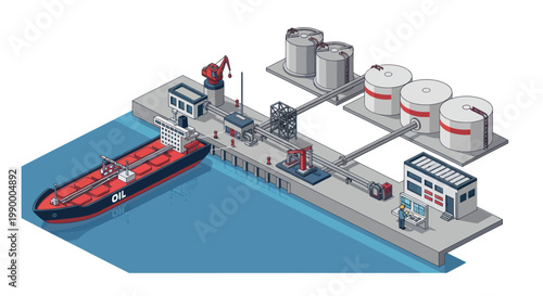 Oil tanker docked at industrial port facility with storage tanks.