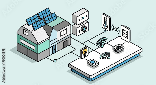 Smart home automation system with solar panels and connected devices.