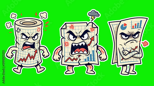 Angry Animated Business Charts with Expressions and Emotions on Green Background.