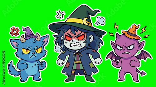 Angry Cartoon Characters - Witch, Demon, and Cat Demon on Green Background.
