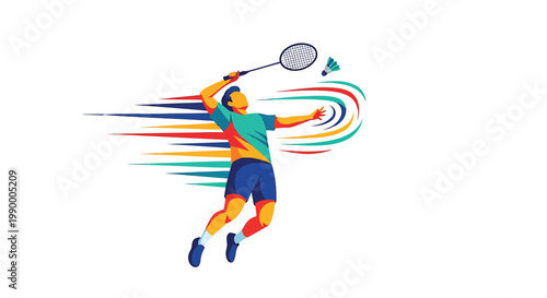 Vector badminton player, dynamic sports illustration, athletic motion graphics, colorful racket action