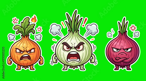 Angry Cartoon Onions with Expressions and Green Background.