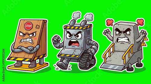 Angry Cartoon Road Signs Displaying Frustration and Annoyance on Green Background.
