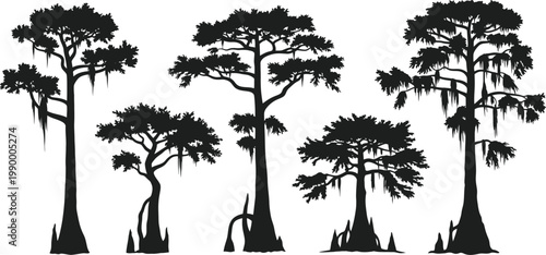 Collection of southern cypress and swamp tree silhouettes