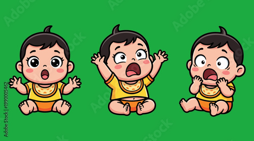Adorable Cartoon Babies Expressing Surprise and Shock on Green Background.
