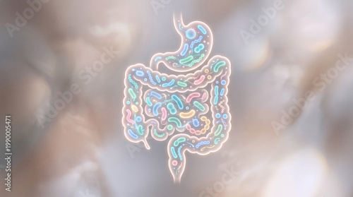 Glowing Colorful Gut Microbiome Bacteria Illustration Inside Digestive System on Soft Background