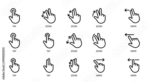 Comprehensive set of hand gesture line icons for modern touch screen devices, illustrating essential user interactions like tap, zoom, and swipe for intuitive digital interface design