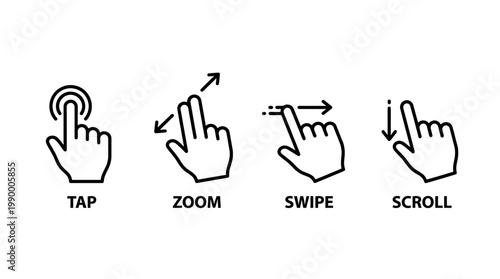 Collection of intuitive gesture icons demonstrating common touch screen interactions for user interfaces