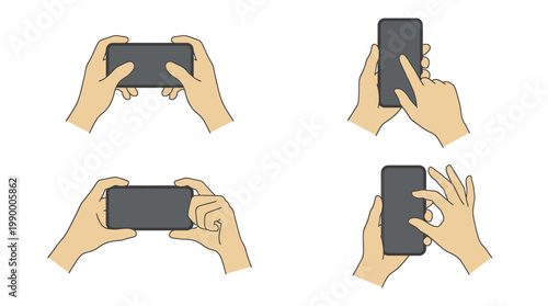 Set of four hand gestures using a smartphone in various orientations and interactions